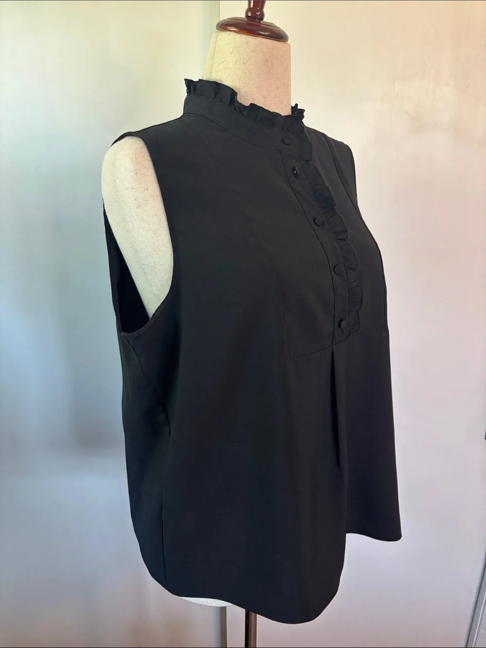 J. Crew Black Sleeveless Ruffle-Neck Button Front Blouse